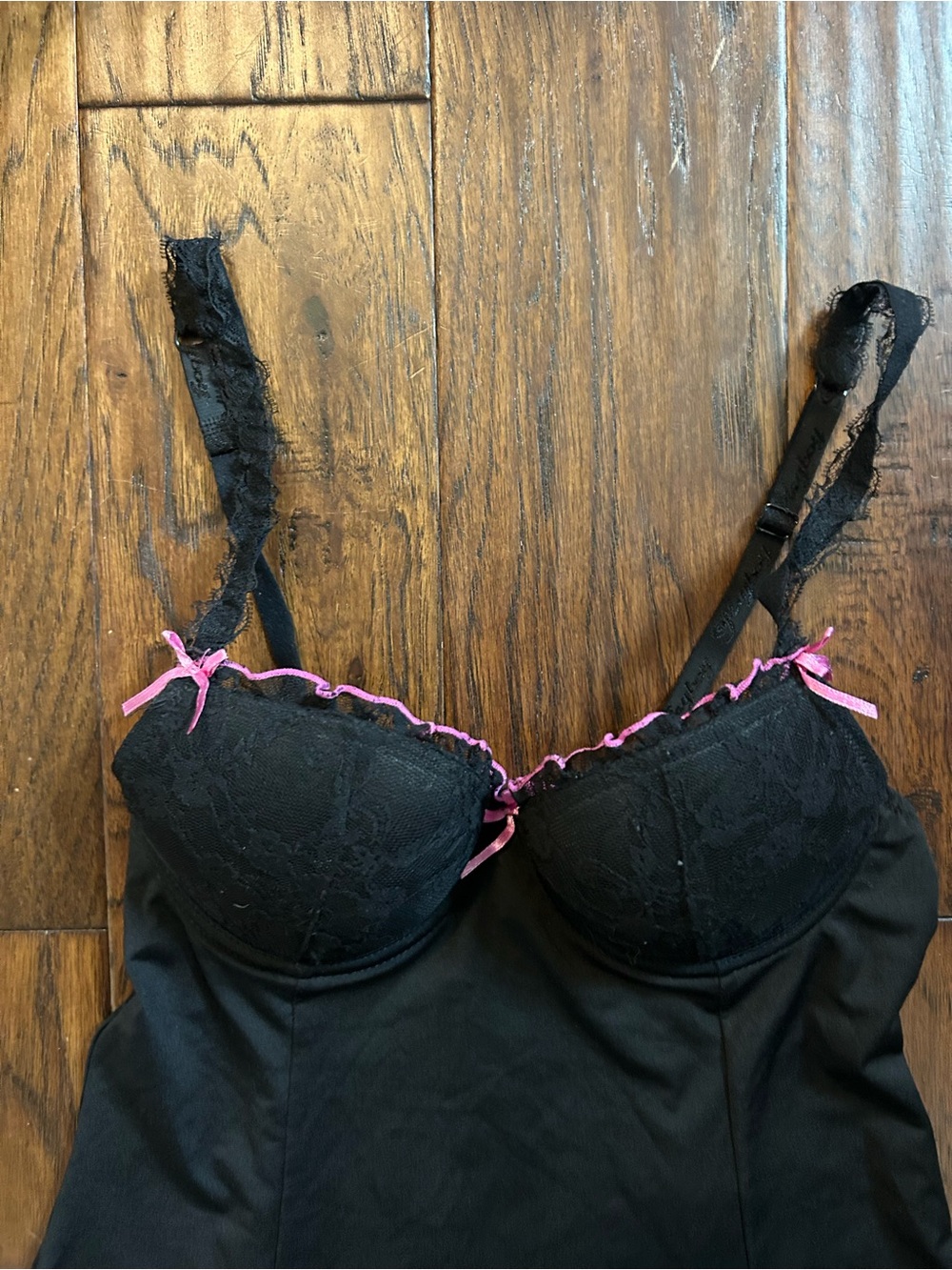 Playboy Black Lace-Trim Babydoll Chemise with Pink Accents - Picture 3 of 6